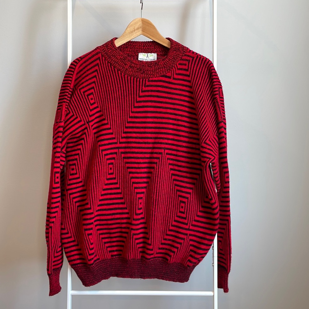 Funky Vintage Oversized Women’s Sweater - Bright Red and Black - Large